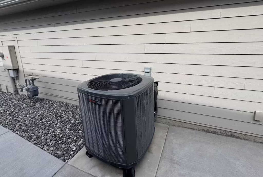 Outdoor air conditioning unit installed beside residential home for cooling services